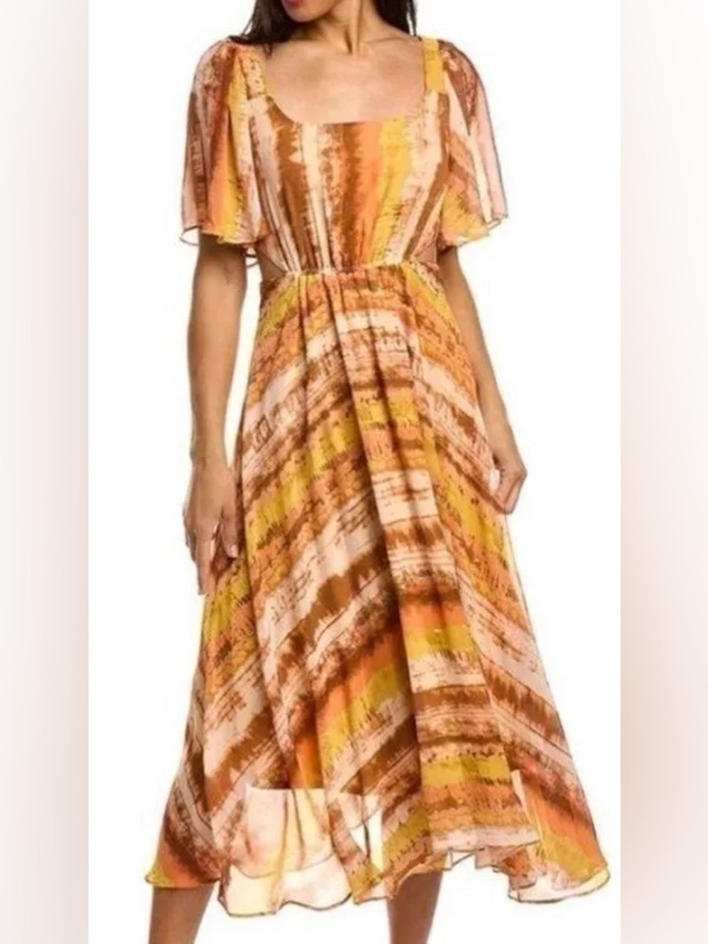 Taylor Orange Tie-Dye Cutout Midi Dress with Square Neck